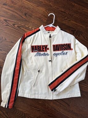 Vintage Harley-Davidson White Jacket with Red & Black Sleeve Stripes
